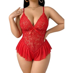 Avidlove Plus Size Teddy Lingerie for Women V Neck Lace Bodysuit | Floral lace lingerie bodysuit, soft stretch fabric for curvy figures, date night or honeymoon(Red)