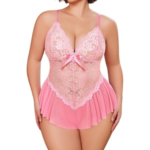 Avidlove Plus Size Teddy Lingerie for Women V Neck Lace Bodysuit | Floral lace lingerie bodysuit, soft stretch fabric for curvy figures, date night or honeymoon(Peach Pink)