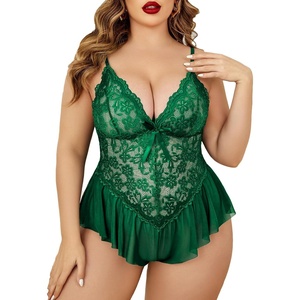 Avidlove Plus Size Teddy Lingerie for Women V Neck Lace Bodysuit | Floral lace lingerie bodysuit, soft stretch fabric for curvy figures, date night or honeymoon(Green)