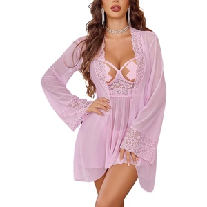 Avidlove Sexy 3 Piece Lingerie Set Mesh Strap Babydoll and Lace Kimono Robe with Lace Thong(Dark Pink)
