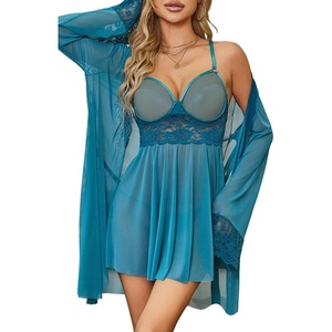 Avidlove Sexy 3 Piece Lingerie Set Mesh Strap Babydoll and Lace Kimono Robe with Lace Thong(Peacock Blue)