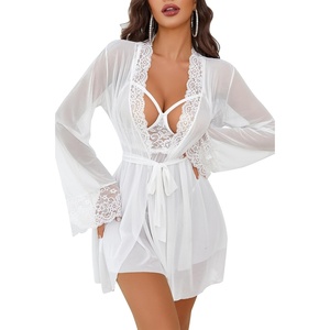 Avidlove Sexy 3 Piece Lingerie Set Mesh Strap Babydoll and Lace Kimono Robe with Lace Thong(White)
