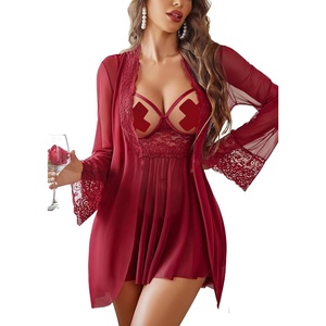 Avidlove Sexy 3 Piece Lingerie Set Mesh Strap Babydoll and Lace Kimono Robe with Lace Thong(Wine Red)