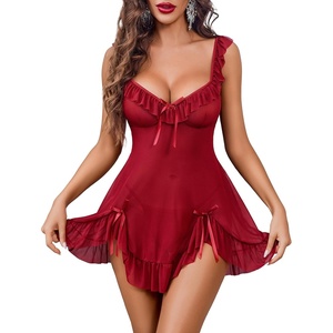 Avidlove Sexy Bow Split Side Ruffle Mesh Babydoll Lingerie Dress with Thong 2 Piece(Dark Red)