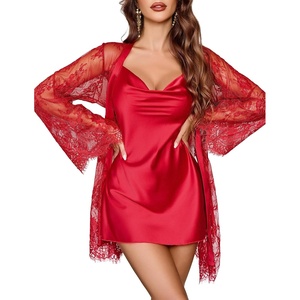 Avidlove Sexy Cowl Neck Backless Women Lingerie Set Satin Nightgowns with Lace Robe Sleepwear 2 Piece(Dark Red)