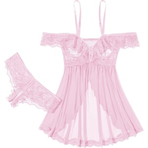 Avidlove Sexy Cut Out Off Shoulder Sheer Mesh Lace Wireless Babydoll Lingerie Dress with Thong 2 Piece(Pink)