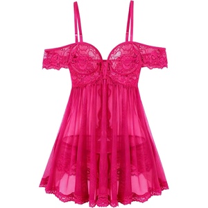 Avidlove Sexy Cut Out Off Shoulder Sheer Mesh Lace Wireless Babydoll Lingerie Dress with Thong 2 Piece(Rose Red)