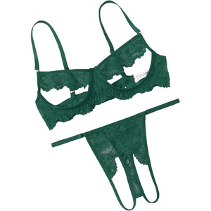 Avidlove Sexy Floral Lace Cutout Lingerie Set for Women Bra Panty 2 Piece Sheer Lingerie Set Outfits(Lake Green)