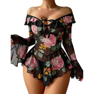 Avidlove Sexy Lingerie Babydoll Rave Ruffle Dress Off Shoulder Long Sleeve Nightgowns Outfits For Women S-XXL(Black Floral)