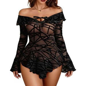 Avidlove Sexy Lingerie Babydoll Rave Ruffle Dress Off Shoulder Long Sleeve Nightgowns Outfits For Women S-XXL(Black Pattern)