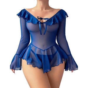 Avidlove Sexy Lingerie Babydoll Rave Ruffle Dress Off Shoulder Long Sleeve Nightgowns Outfits For Women S-XXL(Blue)