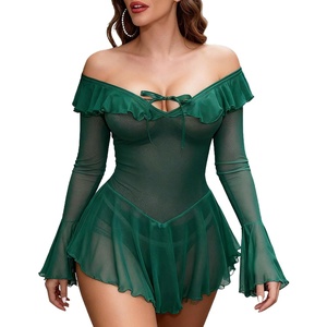 Avidlove Sexy Lingerie Babydoll Rave Ruffle Dress Off Shoulder Long Sleeve Nightgowns Outfits For Women S-XXL(Green)