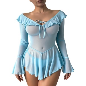 Avidlove Sexy Lingerie Babydoll Rave Ruffle Dress Off Shoulder Long Sleeve Nightgowns Outfits For Women S-XXL(Light Blue)