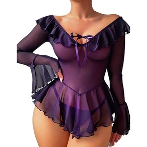 Avidlove Sexy Lingerie Babydoll Rave Ruffle Dress Off Shoulder Long Sleeve Nightgowns Outfits For Women S-XXL(Purple)