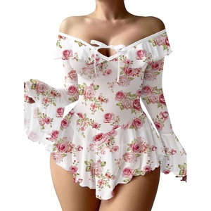 Avidlove Sexy Lingerie Babydoll Rave Ruffle Dress Off Shoulder Long Sleeve Nightgowns Outfits For Women S-XXL(White Floral)