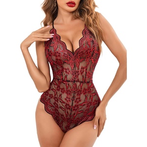 Avidlove Sexy Lingerie for Women Deep V Teddy Sheer Lace Bodysuit Snap Crotch One Piece Babydoll(B-black&red)