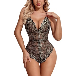 Avidlove Sexy Lingerie for Women Deep V Teddy Sheer Lace Bodysuit Snap Crotch One Piece Babydoll(Black&skin)