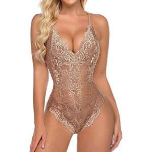 Avidlove Sexy Lingerie for Women Deep V Teddy Sheer Lace Bodysuit Snap Crotch One Piece Babydoll(B-skin)
