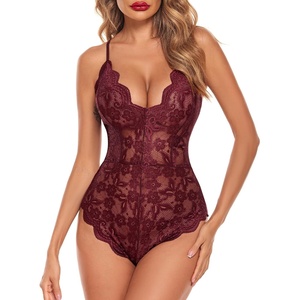 Avidlove Sexy Lingerie for Women Deep V Teddy Sheer Lace Bodysuit Snap Crotch One Piece Babydoll(Burgundy Red)