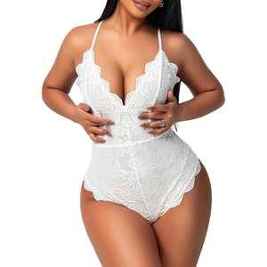 Avidlove Sexy Lingerie for Women Deep V Teddy Sheer Lace Bodysuit Snap Crotch One Piece Babydoll(Double Layers – White)