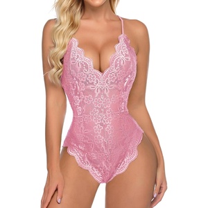 Avidlove Sexy Lingerie for Women Deep V Teddy Sheer Lace Bodysuit Snap Crotch One Piece Babydoll(Light Pink)
