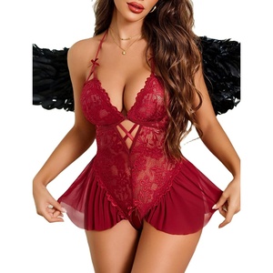 Avidlove Sexy Lingerie for Women Lace Babydoll Bodysuit V Neck Sleepwear One Piece Lingerie set(Dark Red)