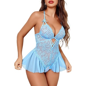 Avidlove Sexy Lingerie for Women Lace Babydoll Bodysuit V Neck Sleepwear One Piece Lingerie set(Light Blue)
