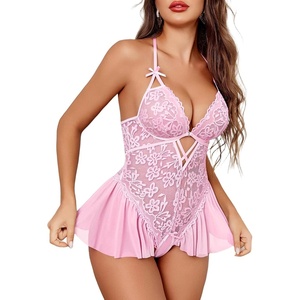 Avidlove Sexy Lingerie for Women Lace Babydoll Bodysuit V Neck Sleepwear One Piece Lingerie set(Pink)