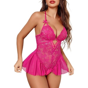 Avidlove Sexy Lingerie for Women Lace Babydoll Bodysuit V Neck Sleepwear One Piece Lingerie set(Rose Red)