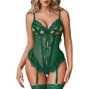 Avidlove Sexy Lingerie for Women Mesh Lace Bodysuit Cut Out Teddy Lingerie Babydoll(No Stockings)(Lake Green)