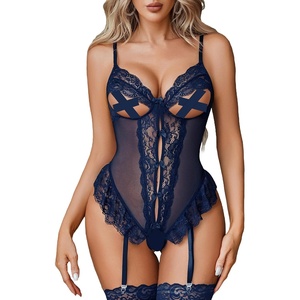 Avidlove Sexy Lingerie for Women Mesh Lace Bodysuit Cut Out Teddy Lingerie Babydoll(No Stockings)(Navy Blue)