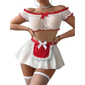 Avidlove Sexy Maid Outfit Set Off-shoulder Mesh Top Mini Skirt with Thong Halloween Costumes(3 pack)(Nurse)