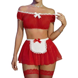 Avidlove Sexy Maid Outfit Set Off-shoulder Mesh Top Mini Skirt with Thong Halloween Costumes(3 pack)(Red)