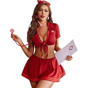 Avidlove Sexy Nurse Lingerie for Women Roleplay Lingerie Set Nurse Cosplay Outfits with Tie Top and Mini Pleated Skirt Set(Wine Red)