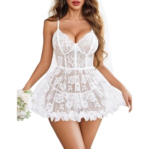 Avidlove Sexy Open Back V Neck Floral Lace Wireless Babydoll Lingerie Dress Set with Thong 2 Piece(White)