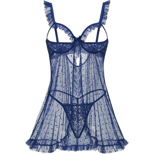 Avidlove Sexy Polka Dots Mesh Sheer Lace Babydoll Open Front Ruffle Chemise Cut Out Nightgown Lingerie With Thong XS-XXL(Blue)