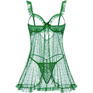 Avidlove Sexy Polka Dots Mesh Sheer Lace Babydoll Open Front Ruffle Chemise Cut Out Nightgown Lingerie With Thong XS-XXL(Green)