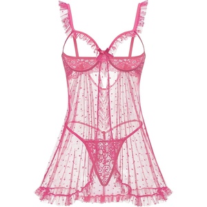 Avidlove Sexy Polka Dots Mesh Sheer Lace Babydoll Open Front Ruffle Chemise Cut Out Nightgown Lingerie With Thong XS-XXL(Pink)