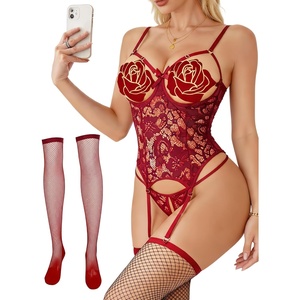 Avidlove Sexy Stocking Lace Bodysuit Garter Underwire Teddy Lingerie Sets | Soft sheer lace fabric,matching thong & fishnet stockings,adjustable garter straps,honeymoon/wedding nights/Valentine(Wine Red)
