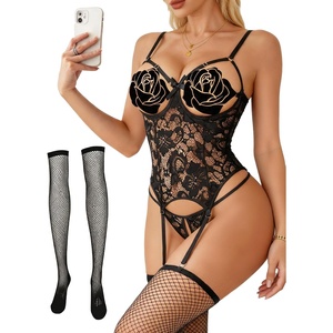 Avidlove Sexy Stocking Lace Bodysuit Garter Underwire Teddy Lingerie Sets | Soft sheer lace fabric,matching thong & fishnet stockings,adjustable garter straps,honeymoon/wedding nights/Valentine(Black)