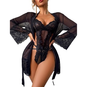 Avidlove Sexy Womens Lingerie Set 2 Piece Lace Teddy with Robe Mesh Bodysuit Nightgown(Black)