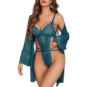 Avidlove Sexy Womens Lingerie Set 2 Piece Lace Teddy with Robe Mesh Bodysuit Nightgown(Blue Green)