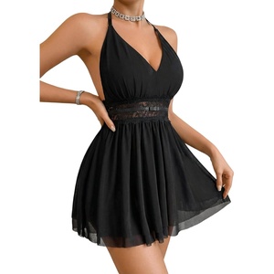 Avidlove Soft Lingerie Lace Babydoll Sleepwear Sexy V Neck Chemise Mesh Lingerie Set Boudoir Outfits(Black)