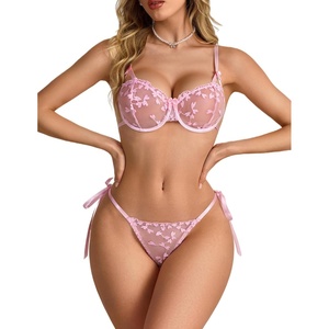 Avidlove Underwire Lingerie Sets for Women Sexy Tie Side Cute Embroidered Bra and Panty Set(Pink)