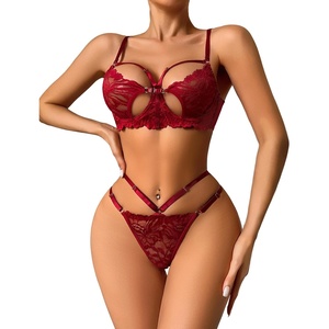 Avidlove Underwire Lingerie for Women Lace Bra and Panty Set Sexy Underwear Sets 2 Piece Strappy Lingerie with Thong(Wine Red)