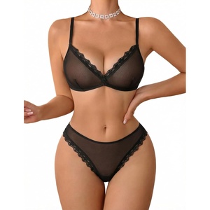 Avidlove Wireless Lace Lingerie Set Floral Print Bra and Panty Sets Cute Naughty Outfits(Black)