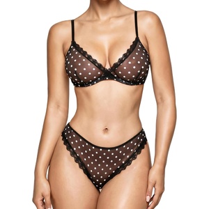 Avidlove Wireless Lace Lingerie Set Floral Print Bra and Panty Sets Cute Naughty Outfits(Polka Dot Black)