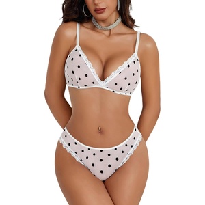 Avidlove Wireless Lace Lingerie Set Floral Print Bra and Panty Sets Cute Naughty Outfits(Polka Dot White)