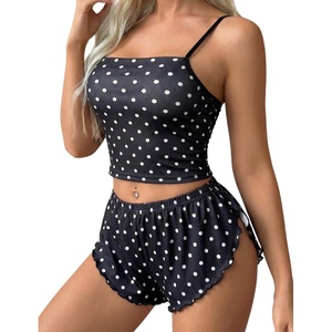 Avidlove Women Cami Ribbed Pajama Set Sexy Side Slit Sleepwear Soft Lingerie 2 Piece PJ Set(Black Polka Dots)