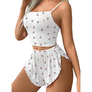 Avidlove Women Cami Ribbed Pajama Set Sexy Side Slit Sleepwear Soft Lingerie 2 Piece PJ Set(White Cherry)